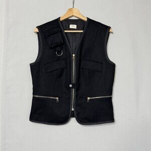 90s Vintage Sisley Made in Italy Black 100% Wool Zip Up Utility Vest Medium